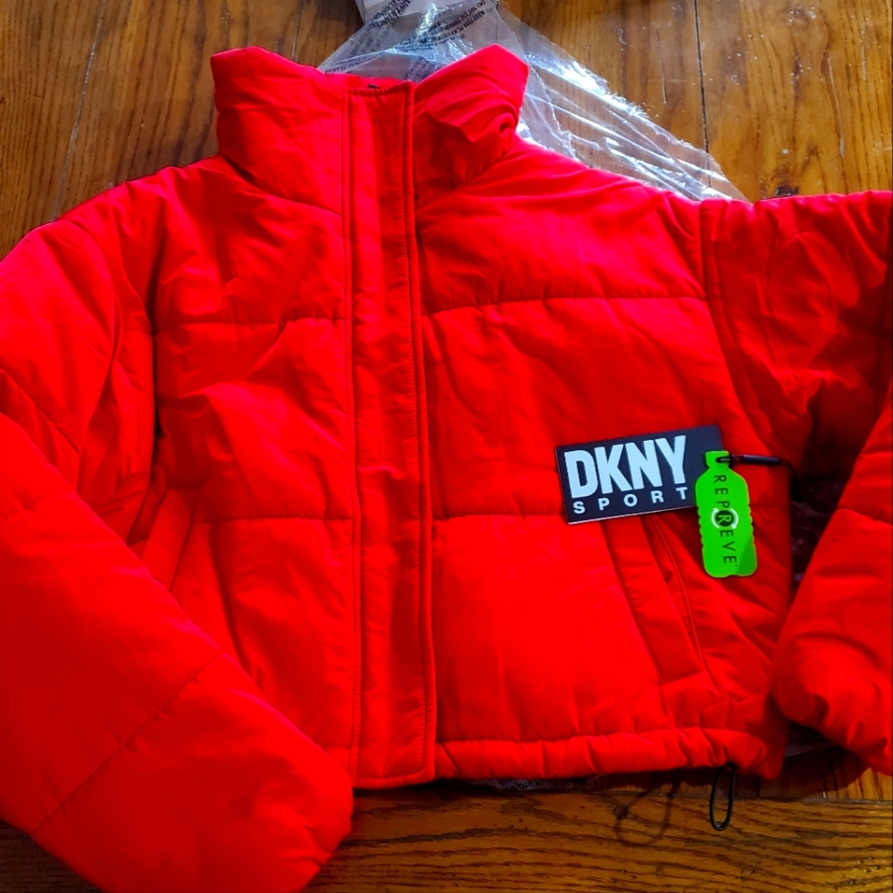 Womens DKNY puffer jacket with shoulder straps